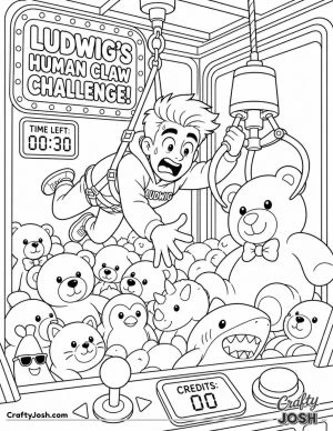 Ludwig swings from a harness inside a giant claw machine, reaching for a huge teddy bear while surrounded by piles of playful plush prizes