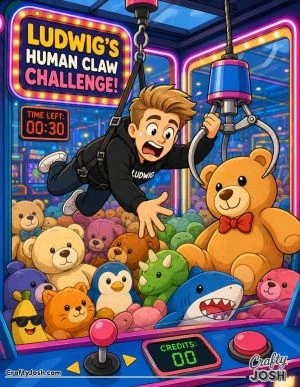 Ludwig swings from a harness inside a giant claw machine, reaching for a huge teddy bear while surrounded by piles of playful plush prizes