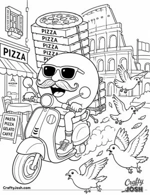 Mozzarellino Motorino speeds through Rome on a scooter with sunglasses and a curly moustache, carrying a huge stack of pizzas as pigeons fly around ..