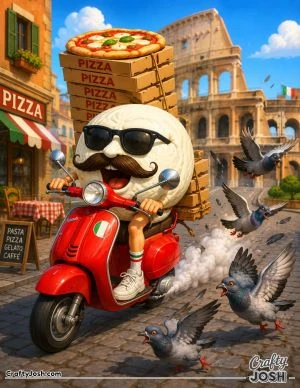 Mozzarellino Motorino speeds through Rome on a scooter with sunglasses and a curly moustache, carrying a huge stack of pizzas as pigeons fly around ..