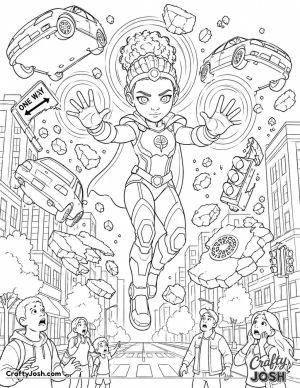 A fearless telekinetic superhero floats above a city street, using her incredible psychic powers to safely hold cars, rocks, and debris high in the ..