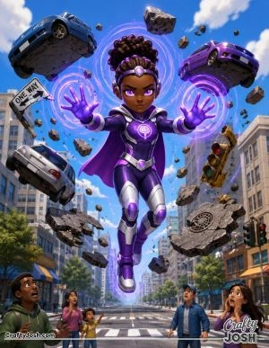 A fearless telekinetic superhero floats above a city street, using her incredible psychic powers to safely hold cars, rocks, and debris high in the ..