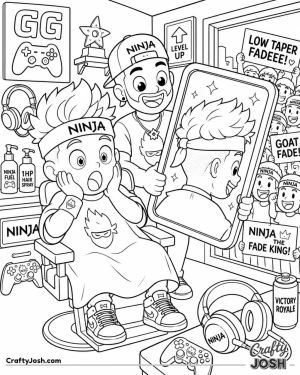 Ninja reacts with a shocked face as a barber reveals his low taper fade in a giant mirror inside a gaming-themed barbershop
