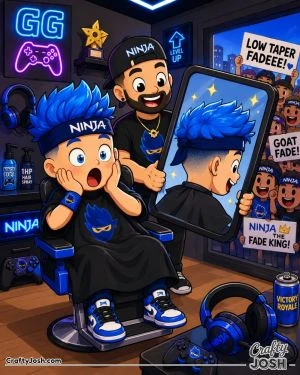 Ninja reacts with a shocked face as a barber reveals his low taper fade in a giant mirror inside a gaming-themed barbershop