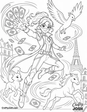 A brave superhero girl spins through the air as magical cards summon an energy fox, a soaring bird, and a powerful horse above the city