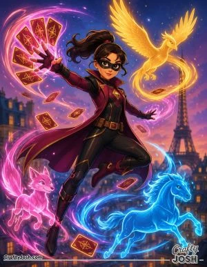 A brave superhero girl spins through the air as magical cards summon an energy fox, a soaring bird, and a powerful horse above the city