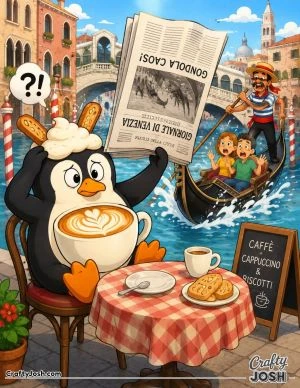 Pinguino Cappuccino looks confused while reading an upside-down newspaper at a Venice café as a gondola causes chaos on the canal behind him