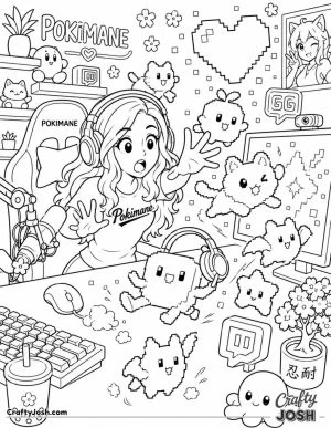 Pokimane reaches toward a group of cute pixel creatures escaping around her gaming setup, with headphones, a computer, a giant pixel heart, and ..