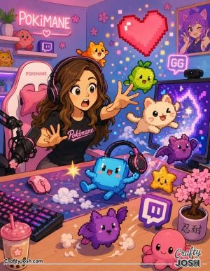 Pokimane reaches toward a group of cute pixel creatures escaping around her gaming setup, with headphones, a computer, a giant pixel heart, and ..