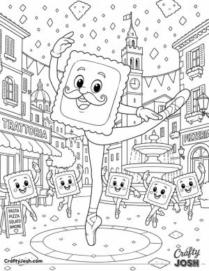 Raviolini Ballerini performs a big ballet pose in an Italian town square while smaller smiling ravioli dance around him