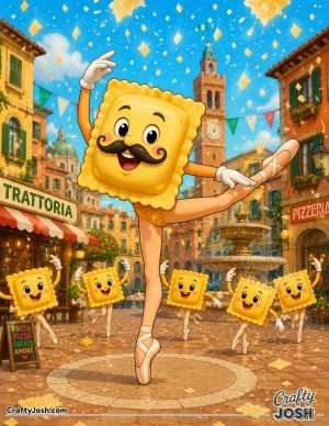 Raviolini Ballerini performs a big ballet pose in an Italian town square while smaller smiling ravioli dance around him