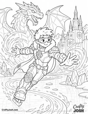 A smiling superhero races across a frozen landscape while creating magical ice creatures, leaving a sparkling frozen path behind as a giant ice ..