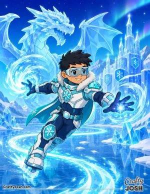 A smiling superhero races across a frozen landscape while creating magical ice creatures, leaving a sparkling frozen path behind as a giant ice ..