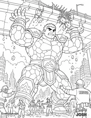 stone superhero, giant hero, collapsing bridge, city rescue, emergency workers, civilians, rocky armor, mountain symbols, protecting people, heroic ..