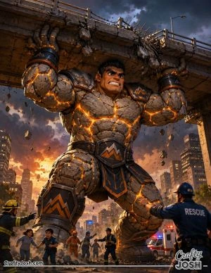 stone superhero, giant hero, collapsing bridge, city rescue, emergency workers, civilians, rocky armor, mountain symbols, protecting people, heroic ..
