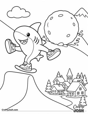 Tralalero Tralala zooms over a snowy ramp on his tiny snowboard while a giant snowball rolls behind him toward a cozy mountain village