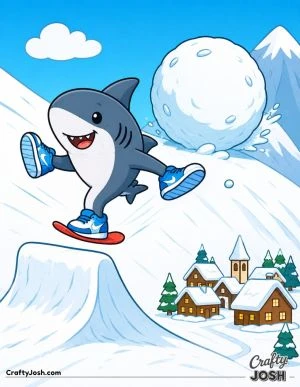 Tralalero Tralala zooms over a snowy ramp on his tiny snowboard while a giant snowball rolls behind him toward a cozy mountain village