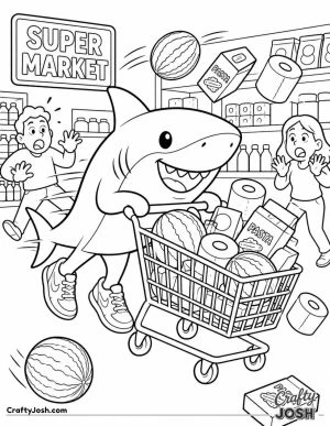 Tralalero Tralala races through a supermarket in sneakers, pushing a packed shopping cart as groceries fly around surprised shoppers