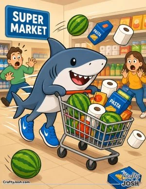 Tralalero Tralala races through a supermarket in sneakers, pushing a packed shopping cart as groceries fly around surprised shoppers