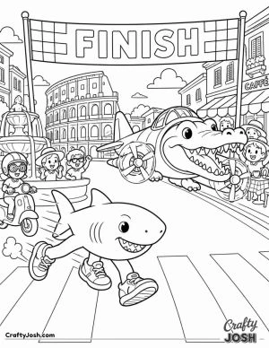 A sneaker-wearing shark races toward the finish line while a crocodile airplane flies alongside him through a busy city street