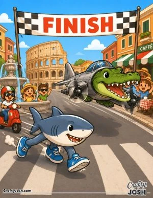 A sneaker-wearing shark races toward the finish line while a crocodile airplane flies alongside him through a busy city street