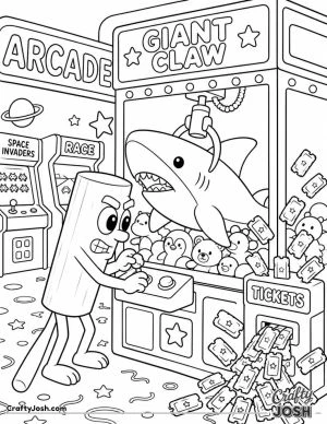 Tung Tung Tung Sahur takes on a giant arcade claw machine, using the controls to grab an enormous stuffed shark as prize tickets burst from a nearby ..