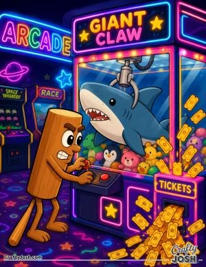 Tung Tung Tung Sahur takes on a giant arcade claw machine, using the controls to grab an enormous stuffed shark as prize tickets burst from a nearby ..
