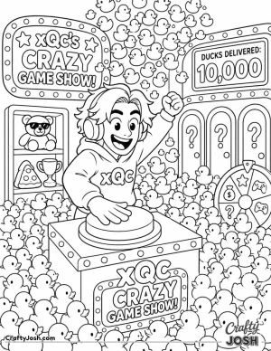 xQc slams a giant game show button while a huge crowd of rubber ducks surrounds him, with mystery doors, prizes, and a spinning prize wheel nearby