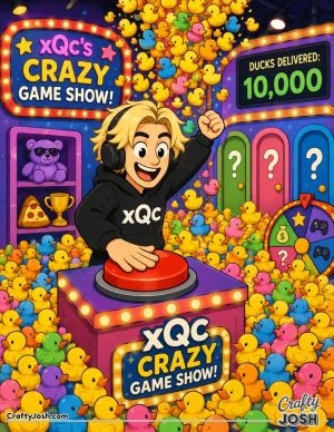xQc slams a giant game show button while a huge crowd of rubber ducks surrounds him, with mystery doors, prizes, and a spinning prize wheel nearby