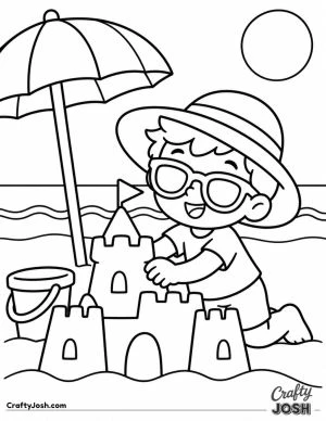 A cheerful 67 character builds a large sandcastle at the beach while wearing sunglasses and a sun hat, with an umbrella, bucket, ocean waves, and sun ..