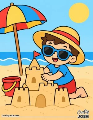 A cheerful 67 character builds a large sandcastle at the beach while wearing sunglasses and a sun hat, with an umbrella, bucket, ocean waves, and sun ..