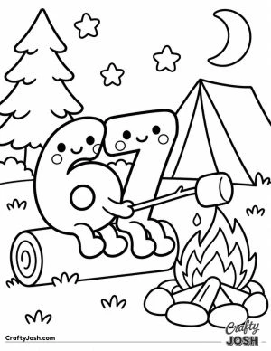 67 sits on a log roasting a giant marshmallow over a campfire, with a tent, pine tree, moon, and stars nearby