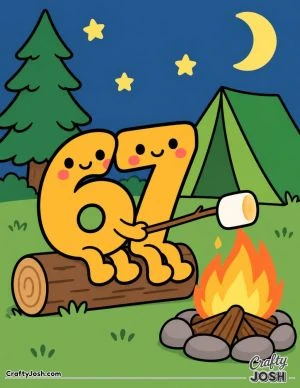67 sits on a log roasting a giant marshmallow over a campfire, with a tent, pine tree, moon, and stars nearby