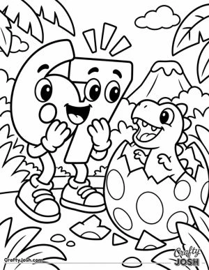 67 looks happily surprised as a cute baby dinosaur pops out of a giant spotted egg surrounded by jungle leaves and a volcano