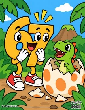 67 looks happily surprised as a cute baby dinosaur pops out of a giant spotted egg surrounded by jungle leaves and a volcano