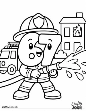 67 is dressed as a firefighter, spraying water from a large hose with a fire truck and burning building behind him