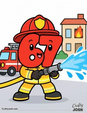 67 is dressed as a firefighter, spraying water from a large hose with a fire truck and burning building behind him