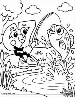67 sits beside a pond holding a fishing rod as a giant fish jumps from the water near reeds, a rock, and a simple tree