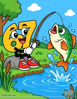 67 sits beside a pond holding a fishing rod as a giant fish jumps from the water near reeds, a rock, and a simple tree
