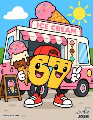67 stands happily beside an ice cream truck while holding a giant melting ice cream cone covered with sprinkles