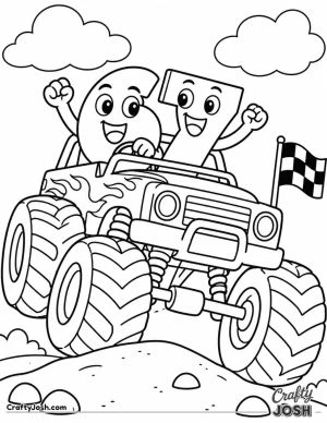 The number 67 rides in a huge monster truck over a dirt bump with big tires, a checkered flag, rocks, and fluffy clouds around them