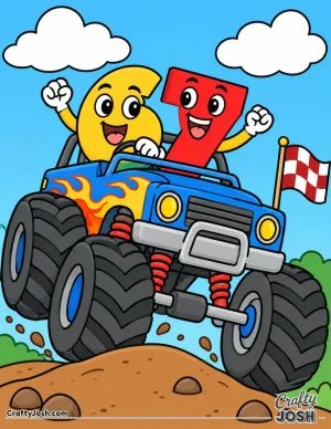 The number 67 rides in a huge monster truck over a dirt bump with big tires, a checkered flag, rocks, and fluffy clouds around them