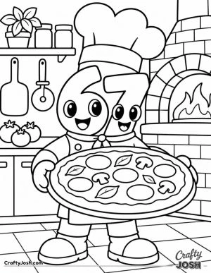 67 wears a giant chef hat and proudly holds a big pizza covered with simple toppings, with a kitchen counter and pizza oven behind
