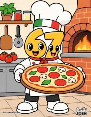 67 wears a giant chef hat and proudly holds a big pizza covered with simple toppings, with a kitchen counter and pizza oven behind