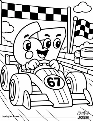 67 happily races a little car toward the checkered finish line, surrounded by racing flags, big tires, and a simple track