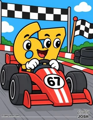 67 happily races a little car toward the checkered finish line, surrounded by racing flags, big tires, and a simple track