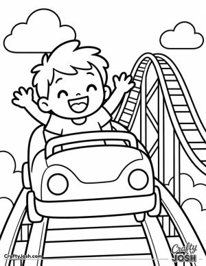 67 rides in the front of a roller coaster car with both hands raised, surrounded by a large coaster hill, clouds, and bushes