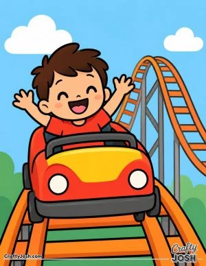 67 rides in the front of a roller coaster car with both hands raised, surrounded by a large coaster hill, clouds, and bushes