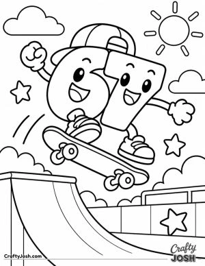 67 performs an exciting skateboard jump over a curved skate park ramp with a sunny sky, clouds, and stars around him