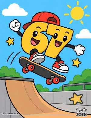 67 performs an exciting skateboard jump over a curved skate park ramp with a sunny sky, clouds, and stars around him